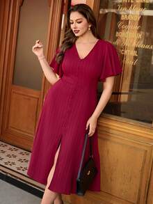 Auvina Elegant V-Neck Ruffle Sleeve Plus Size Women Solid Color Split Hem Dress - Burgundy - View 7