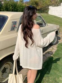 DAZY 女款圓領落肩長袖寬鬆罩衫上衣 - 杏色 - 查看 4