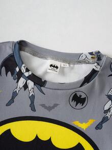 BATMAN X SHEIN 85th 男童卡通印花圆领短袖上衣和短裤休闲家居服套装 - 灰色 - 查看 5