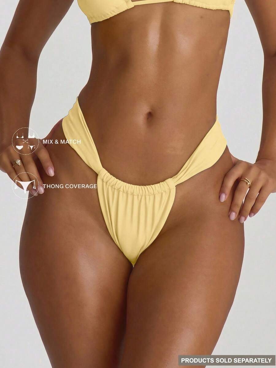 Musera Resort Thick Strap Ruched Cheeky Bikini Bottoms Swim Vacation Holiday Summer Travel Beachwear Basics Solid Colour Swimwear Resort Core - Light Yellow - View 1