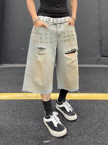 Manfinity EMRG 男士夏季休闲时尚街头朋克日常通勤星形铆钉装饰做旧毛边宽松阔腿牛仔短裤，不含腰带 - 淺色水洗藍 - 查看 4