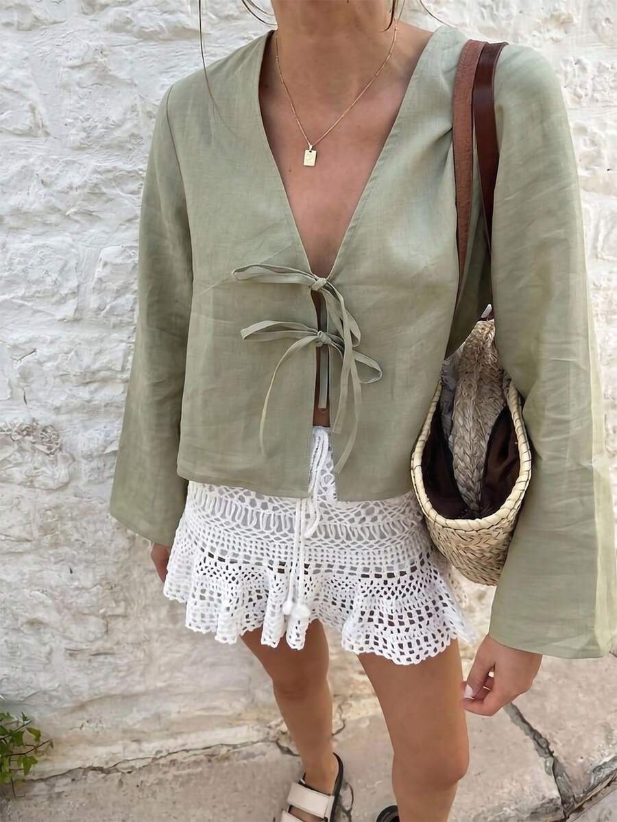 INAWLY Blusa de mujer de manga acampanada con nudo delantero y unicolor para vacaciones - Verde militar - Ver 1