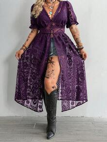 Whyspr Áo sơ mi dài tay ngắn cổ chữ V ren khoét rỗng họa tiết jacquard cỡ lớn, thanh lịch, phong cách retro, dễ thương, thích hợp mặc đi biển, thắt eo, dáng chữ A, mở phía trước, màu đen. - Màu tím - Xem 4