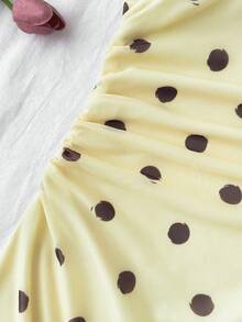 SHEIN Vestido de verano para niñas preadolescentes con lunares amarillos y marrones, busto fruncido y tirantes de malla - Amarillo - Ver 4