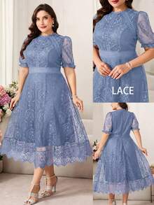 Reflora Plus Size Women's White Lace Midi Dress, Elegant Short Sleeve Summer Dress - Dusty Blue - View 8