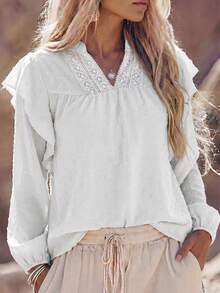 SHEIN Holidaya Women Blouses Kontras Lace Ruffle Plain Casual - Putih - View 3