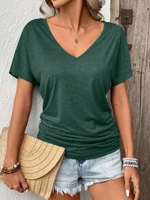 SHEIN Frenchy Ladies Simple Solid Color Pleated Daily/Holiday T-Shirt V Neck Topsv Neck T Shirtdark Top,Summer Top - Dark Green - View 4