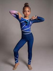 SHEIN Elite Gymnastics Leotard For Young Girls,Summer Sport Competition-Grade High-Elasticity Fabric,Artistic Line Print Pattern For Training&Performances - Navy Blue - View 3