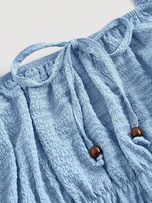 SHEIN MOD Mono de talla grande con detalle de volantes, tirantes centrales delanteros y decoración de cuentas de madera en verde aguacate y gris verde - Azul - Ver 3