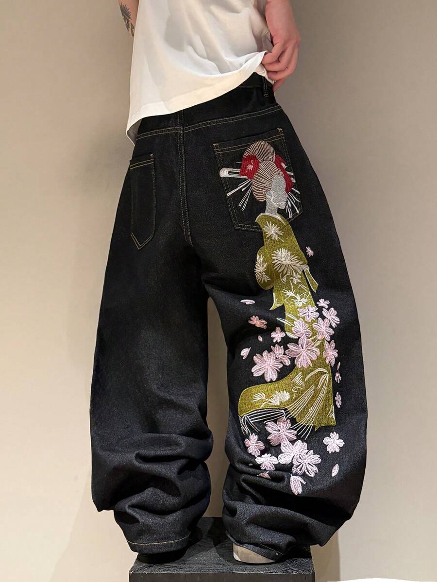 STEELVANCE 复古做旧水洗刺绣口袋宽松直筒休闲牛仔裤 - 黑色 - 查看 1
