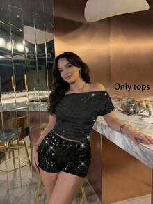 SHEIN MOD Top de punto con hilo metálico para mujer talla grande, top de hombro asimétrico, top de tela brillante para primavera/verano - Negro - Ver 6