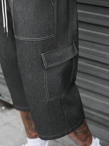 SLATEMANN Pantalones cortos cargo de estilo callejero estadounidense con pespuntes, cintura con cordón, sueltos de longitud 7/10 casual - Negro - Ver 3