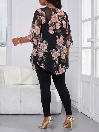 SHEIN Lady Work Brunch Formal Evening Outfits For Women Plus Size Elegant Casual Curve Floral Print Shirt, Summer Party Pink Floral Floral