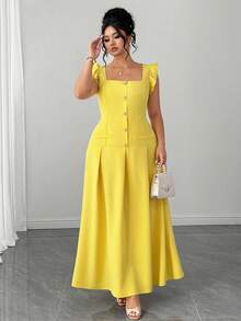 Elenzga Plus Size Women's Yellow Elegant Square Neck Puff Sleeve Pearl Button Ruched A-Line Maxi Dress,Summer Wedding Formal Formal Guest Gown - Yellow - View 8
