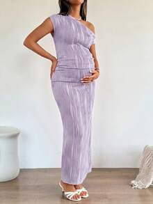 SHEIN Maternity Solid Color Textured Fitted Elegant Dress - Mauve Purple - View 7