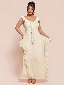 SHEIN BAE Plus Size Solid Color Minimalist Everyday Ruffle Hem Dress - Beige - View 7