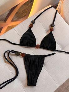 Swim Chiccia Solid Color Textured Fabric, Multi-Color Beaded Decor, Halter Tie Closure Wireless Women Bikini Set Set - Navy Blue - View 3