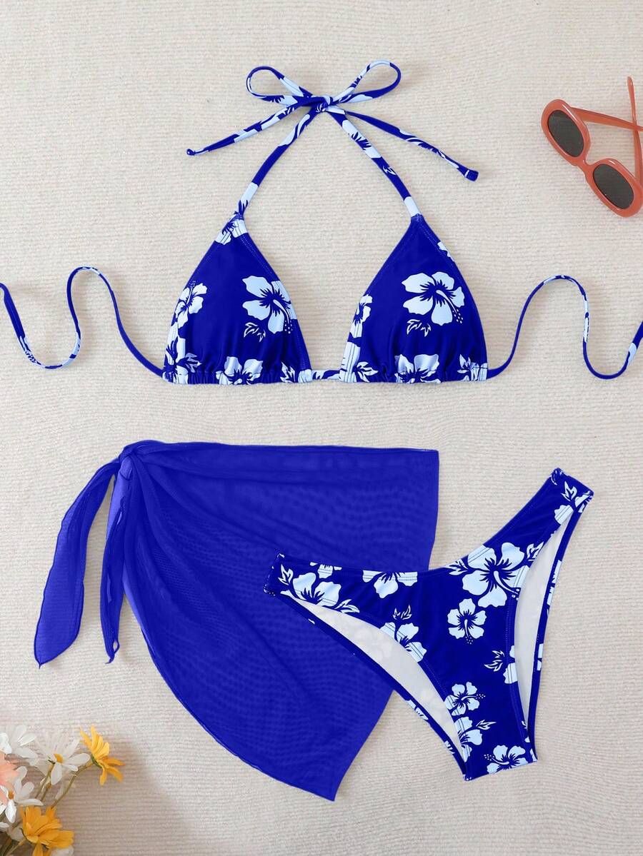 Swim Mod 女士三件套随机印花V领挂脖比基尼上衣配同款迷你裙泳装套装,夏季 - 寶藍色 - 查看 1