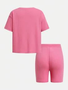 SHEIN 2件套 女童休闲时尚街头风粉色罗纹宽松T恤和紧身骑行短裤套装 - 粉色 - 查看 6