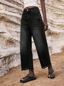 Maija Women's Fashion Versatile Pocketed Zipper Hem Distressed Straight Leg Jeans - Black - View 5