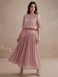Anewsta Women's Solid Color Pleated Cape Sleeve Elegant Blouse - Dusty Pink - View 5
