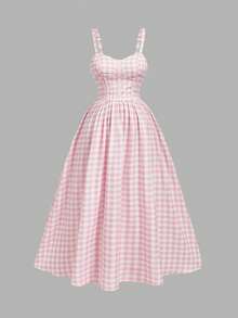 SHEIN MOD Đầm maxi dáng chữ A rộng, màu hồng trắng kẻ caro, thắt lưng sau – Hoàn hảo cho kỳ nghỉ, hẹn hò, dã ngoại, tiệc tùng, dạ hội, lễ hội và sinh nhật; Đầm kẻ caro kiểu cổ điển lãng mạn, đầm dã ngoại, đầm dự tiệc trà, đầm kẻ sọc hồng, đầm midi cho nữ, trang phục ngày Valentine, quần áo mùa hè, trang phục mùa xuân cho nữ, trang phục lễ hội. - Màu Hồng baby - Xem 3