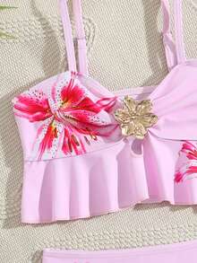 SHEIN 两件套可爱纯色女童泳衣，适合海滩度假，粉色花朵图案，适合7-9岁女孩，比基尼套装，两件式沙滩装，女童两件式泳衣，两件式泳装，女童花朵泳衣 - 粉色 - 查看 5