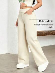 Pantalones vaqueros de pierna ancha, estilo casual deportivo, con elástico para mujer - Beis - Ver 6