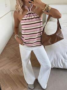 SHEIN EZwear 休閒簡約日常百搭派對條紋印花女款夏季掛脖上衣 - 彩色 - 查看 3