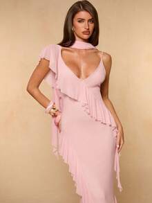 SHEIN BAE Women's Summer Solid Pink Spaghetti Strap Deep V-Neck Ruffle Hem Mermaid Hem Elegant Dress, Suitable For Vacation, Date, Music Festival, Birthday, Brunch, Bridesmaid, Wedding Guest, Backless Dress, Pink Dress - Baby Pink - View 6