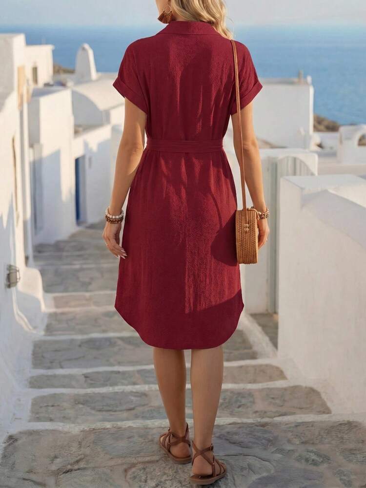 Ladies Fashionable Solid Color Short Sleeve Buttoned Dress