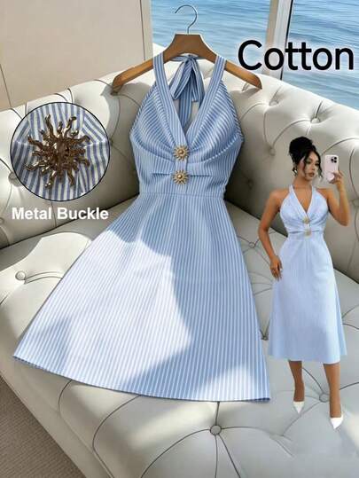 Franclia Women's Blue Metal Button Tie-Up Blue & White Striped Cotton Dress
