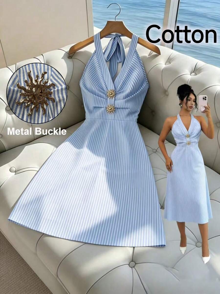 SHEIN Franclia 女士蓝色金属纽扣系带蓝白条纹棉质连衣裙 - 藍白色 - 查看 1