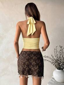 Aloruh Women's Deep V-Neck Fitted Pendant Decorated Camisole, Autumn/Winter,Summer Top - Light Yellow - View 2