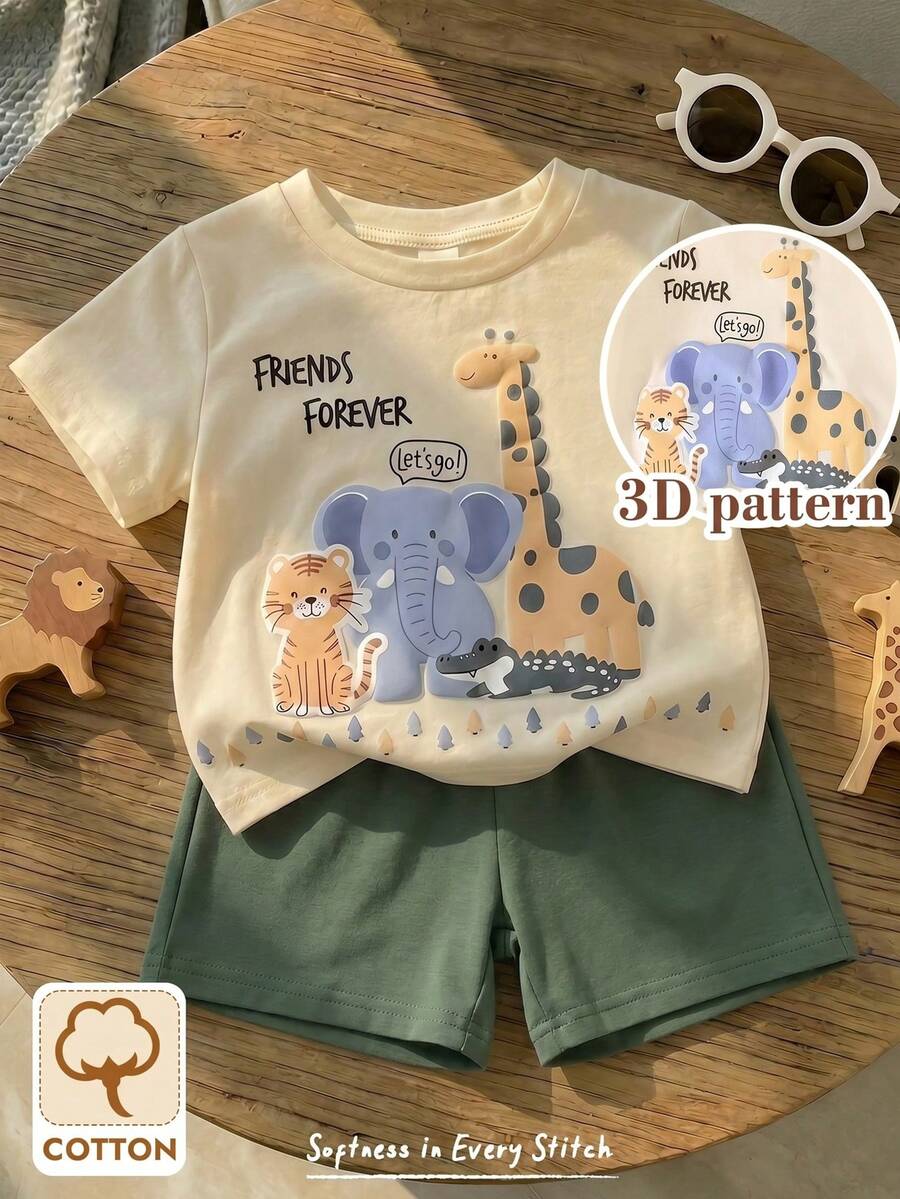 Cozy Pixies Bộ 2 món cho bé trai/bé gái, gồm áo thun dệt kim cổ tròn dáng rộng và quần short in hình động vật hoạt hình dễ thương, thích hợp mặc mùa xuân/hè. - Nhiều màu - Xem 1