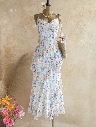 Soleia Vestido elegante con cintura ceñida, estampado floral y volantes en el bajo para fiestas y salidas