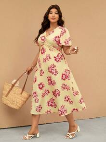 Elaquor Plus Size Floral Print Twist Knot Casual Dress - Multicolor - View 5