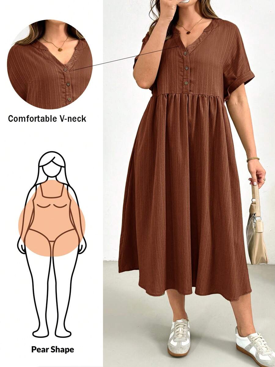 Shapeblank Đầm nữ cỡ lớn thời trang xuân hè, dáng rộng thoải mái, màu đen, chất liệu vải có họa tiết, cổ chữ V, tay ngắn, dài đến đầu gối, có túi, trang phục mùa hè cho nữ, đầm công sở, đầm đen ôm dáng, trang phục đi nhà thờ cho nữ. - Rỉ Nâu - Xem 1