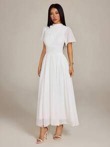 SHEIN PETITE 女士优雅浪漫高腰A字荷叶边连衣裙，立领喇叭袖，适合通勤、海滩、度假等场合，白色端庄长款连衣裙，婚礼宾客礼服 - 白色 - 查看 3