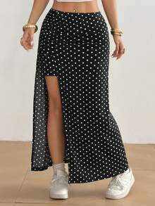 SHEIN EZwear Women's Beach Vacation Polka Dot Print High Slit Skirt, Spring/Summer - Black - View 6