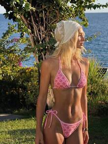 Swim Mod Bikini Halter Dua Potong Motif Cetak Seluruh Permukaan untuk Liburan Pantai Kasual Wanita - Berwarna merah muda - View 7