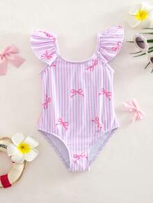 SHEIN 女童蝴蝶结装饰荷叶袖连体泳衣 - 粉色 - 查看 2