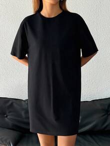 SHEIN EZwear 大码女式纯色圆领休闲派对外出连衣裙 - 彩色 - 查看 4