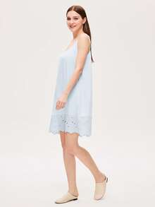 LUVLETTE Đầm ngủ cotton thoáng mát màu xanh dương thêu họa tiết gợi cảm, thích hợp mặc ngoài, đồ lót cô dâu và đồ ngủ mùa xuân hè, đồ ngủ cotton mùa hè cho phụ nữ. - Màu xanh lam - Xem 7