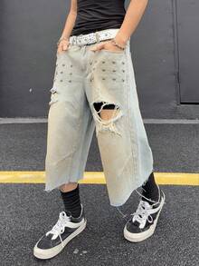 Manfinity EMRG 男士夏季休闲时尚街头朋克日常通勤星形铆钉装饰做旧毛边宽松阔腿牛仔短裤，不含腰带 - 淺色水洗藍 - 查看 5