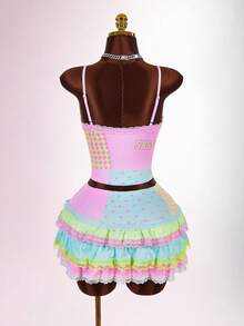 Amplova 2pcs/Set Women's Backless Spaghetti Strap Graffiti Y2K Lace Layered Camisole & Mini Skirt - Multicolor - View 8