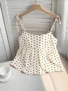 Comfortcana Áo hai dây ngắn dáng chữ A chấm bi màu mơ cỡ lớn, thích hợp mặc ngoài trời. - Màu be - Xem 3