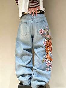 STEELVANCE Celana Jeans Model Lurus Longgar dengan Potongan Lebar, Desain Serbaguna, Gaya Streetwear Vintage, Bordir Harimau Sakura - Light Wash - View 2