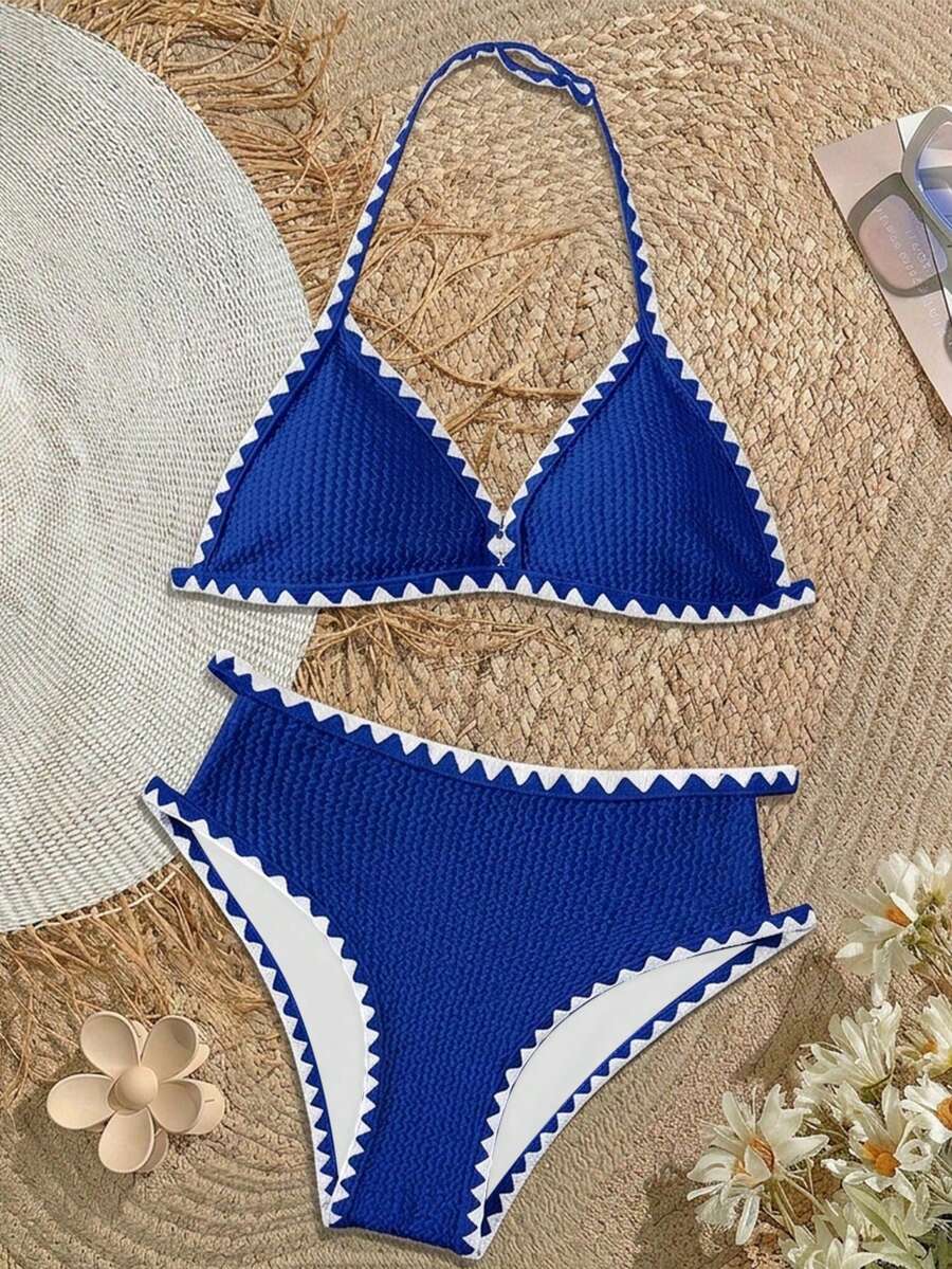 SHEIN 少女白色针织纹理蓝色贝壳工艺,夏季沙滩锁边三角比基尼套装,沙滩泳装夏季套装,少女夏季沙滩泳衣,蓝色比基尼泳装,少女两件式泳衣,三角上衣,蓝色比基尼,钩针比基尼,两件式泳装,挂脖比基尼,纹理泳装 - 藍色 - 查看 1