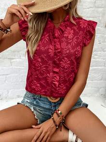 EMERY ROSE Casual Vacation & Daily Wear Ruffle Sleeve Bow Tie Printed Apricot Blouse For Women - Red - View 3
